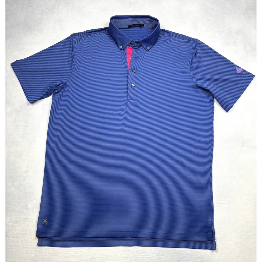Greyson Mens Golf Polo Shirt Medium Blue Striped Short Sleeve Wolf Logo Peru